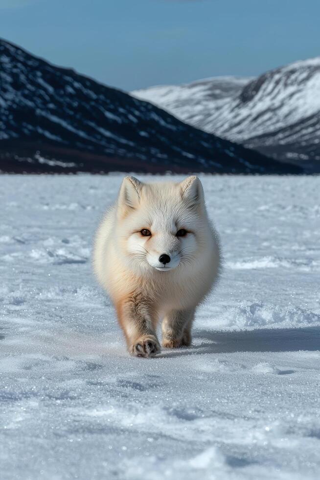 Arctic fox walking in a snowy landscape photo