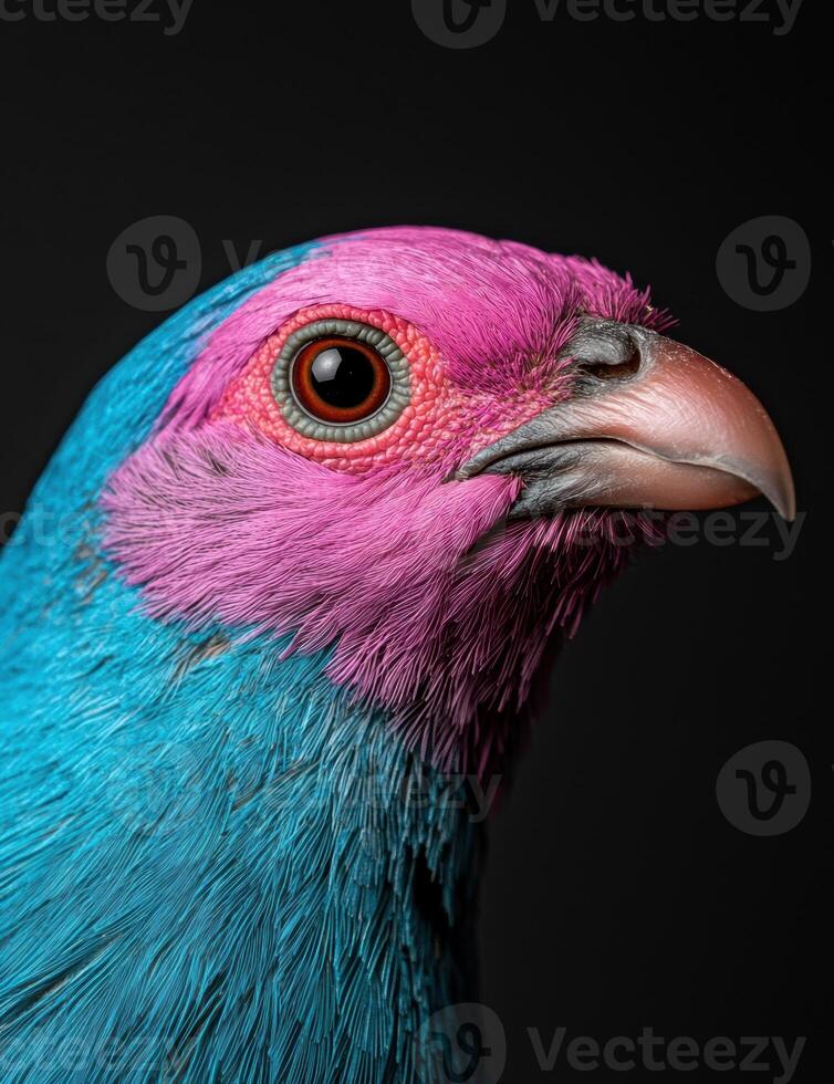 Close up of a very colorful bird with pink and blue feathers. photo