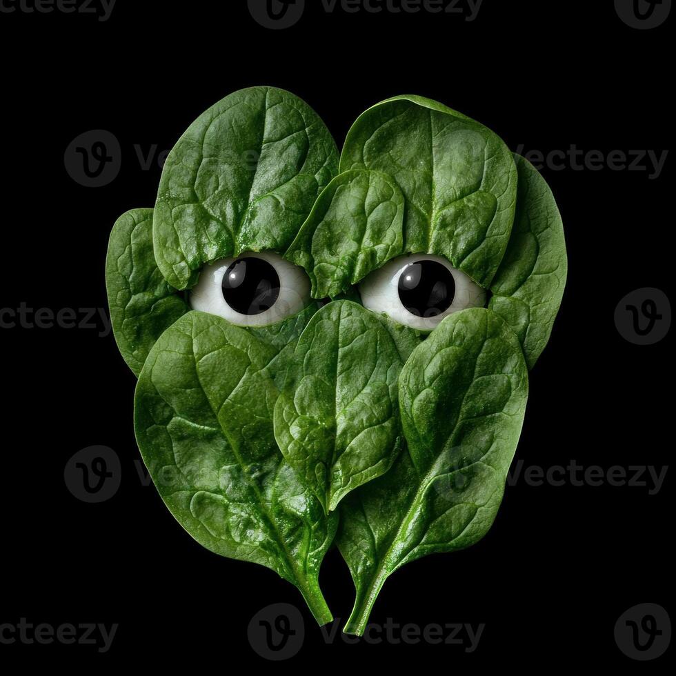 Spinach leaves arranged to resemble a face with eyes photo