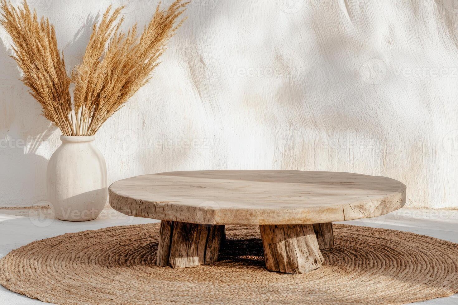 Rustic wooden table with vase of wheat on a jute rug photo