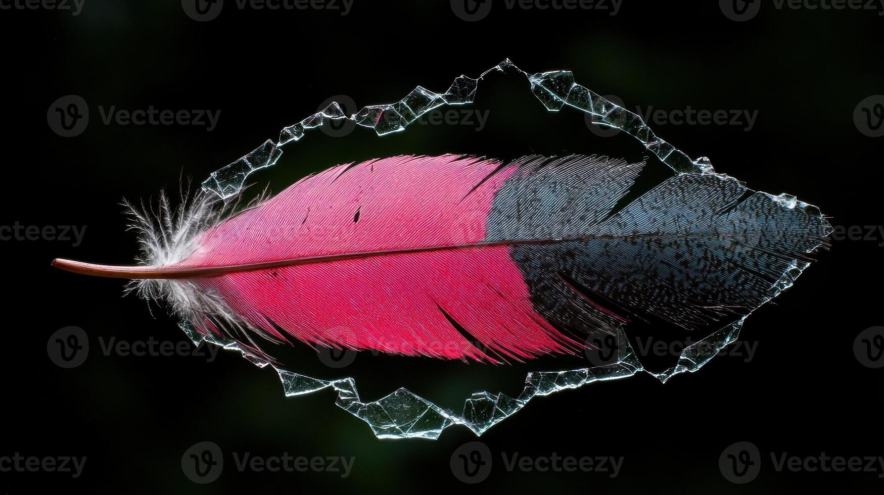 A vibrant pink and black feather is framed by shattered glass against a dark background photo