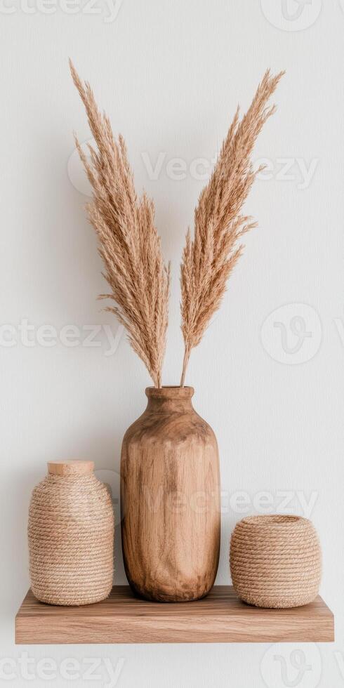 Rustic wooden vase with pampas grass and decorative rope vases on a shelf against a white wall photo