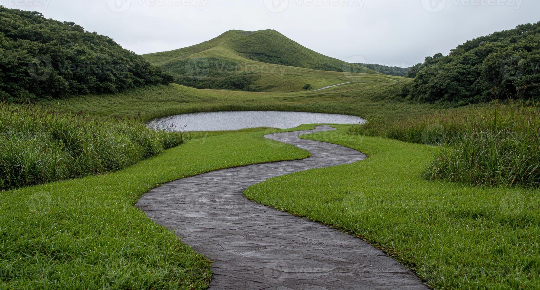 A winding path leads through a lush green landscape to a tranquil pond photo