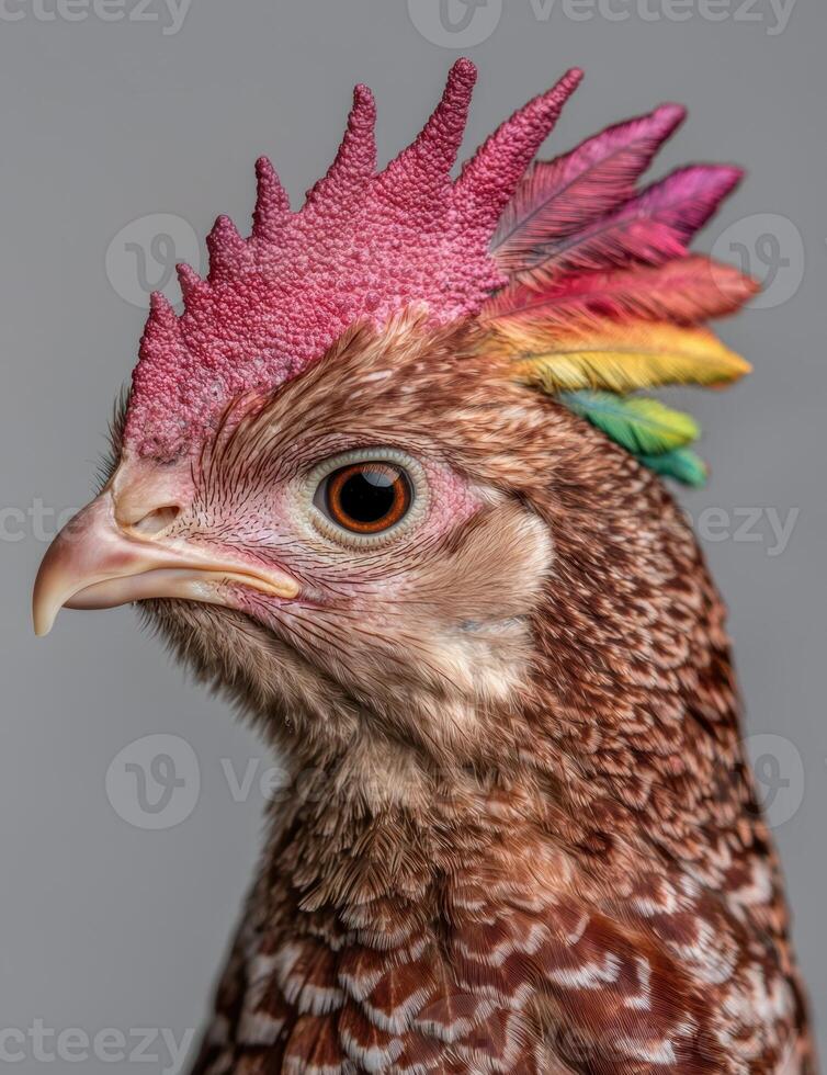 Close up of a colorful rooster with vibrant feathers photo