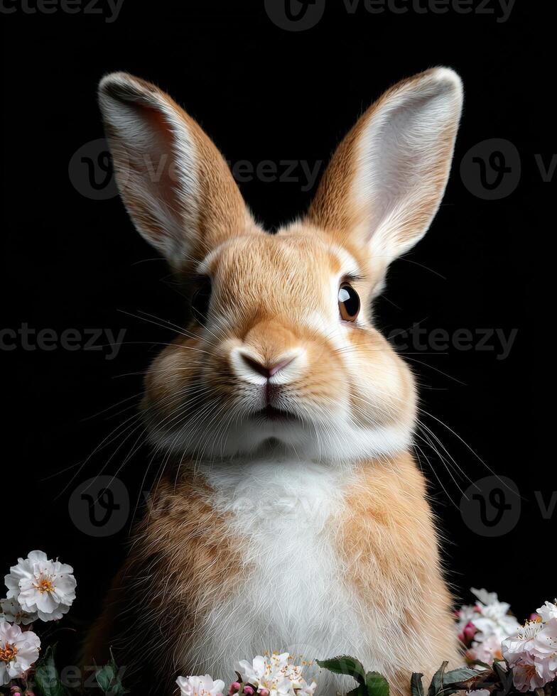 A cute bunny rabbit portrait with flowers on a black background photo