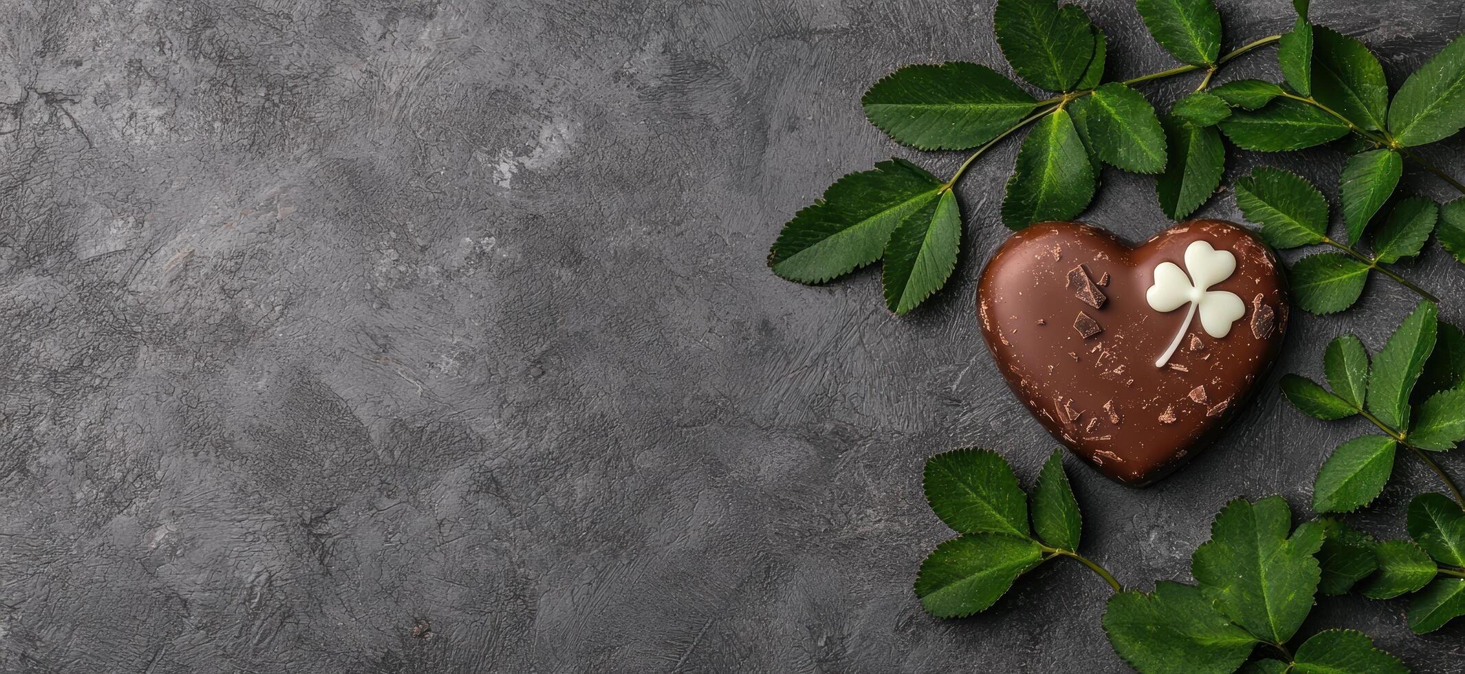 Chocolate heart with shamrock on a grey background with leaves photo