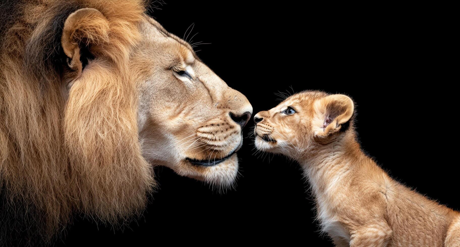 Lion and cub touching noses on a black background photo