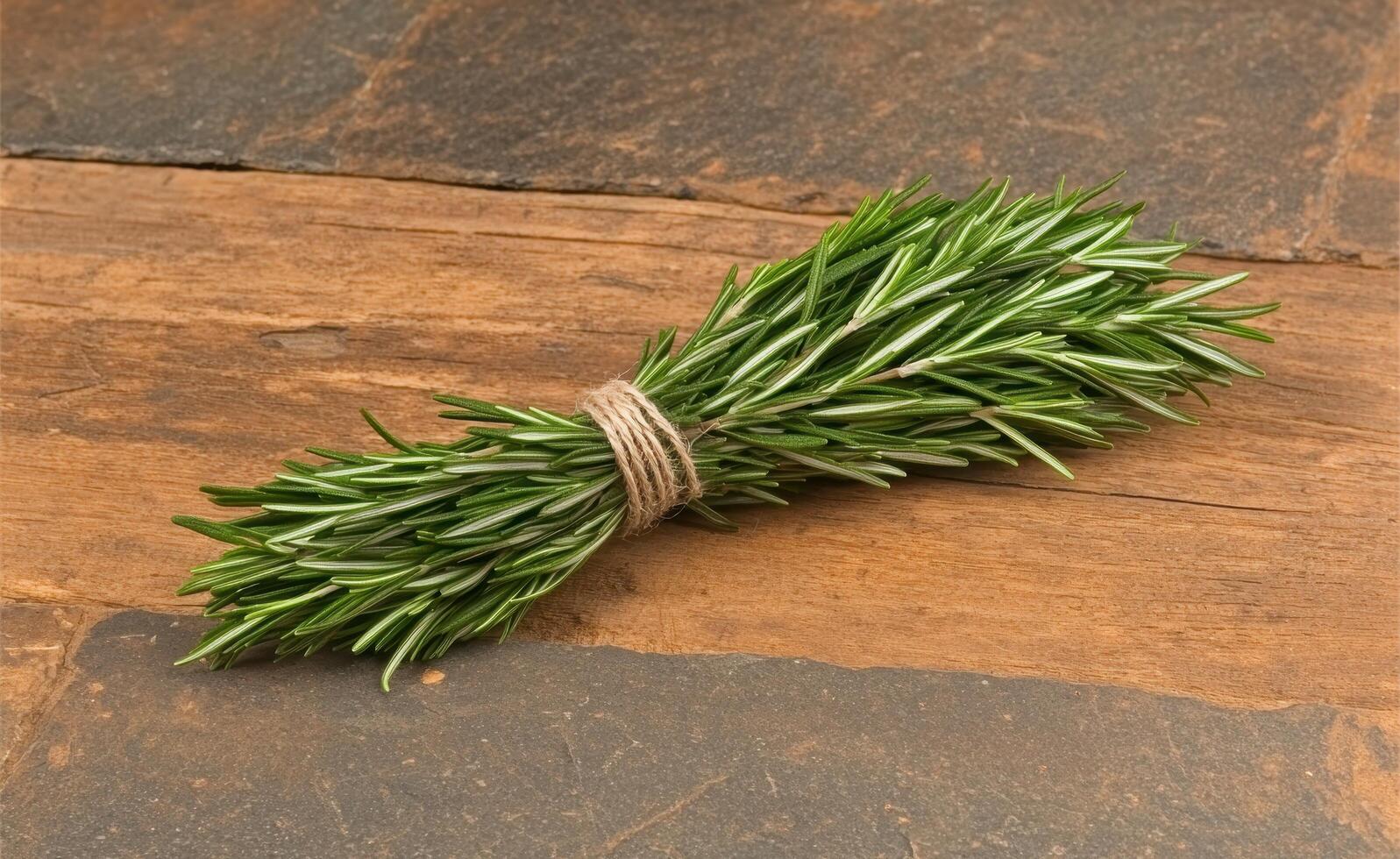 Fresh rosemary tied in a bundle on a wooden surface photo