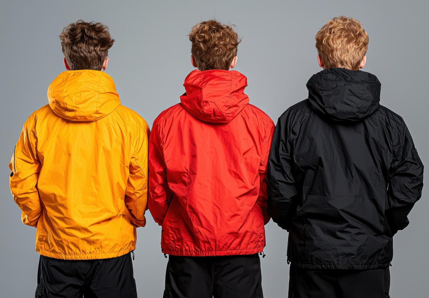 Three people wearing different colored hooded jackets photo