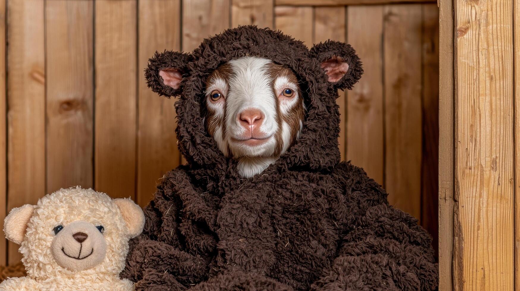 Goat dressed in a teddy bear costume with a teddy bear photo