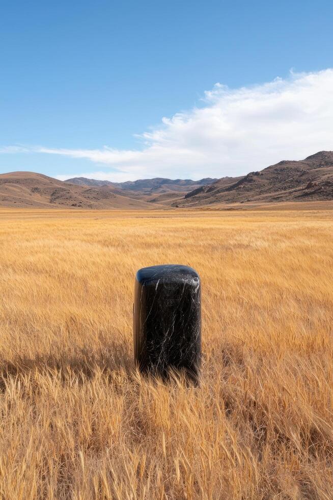 A black monolith stands in a golden wheat field under a blue sky photo