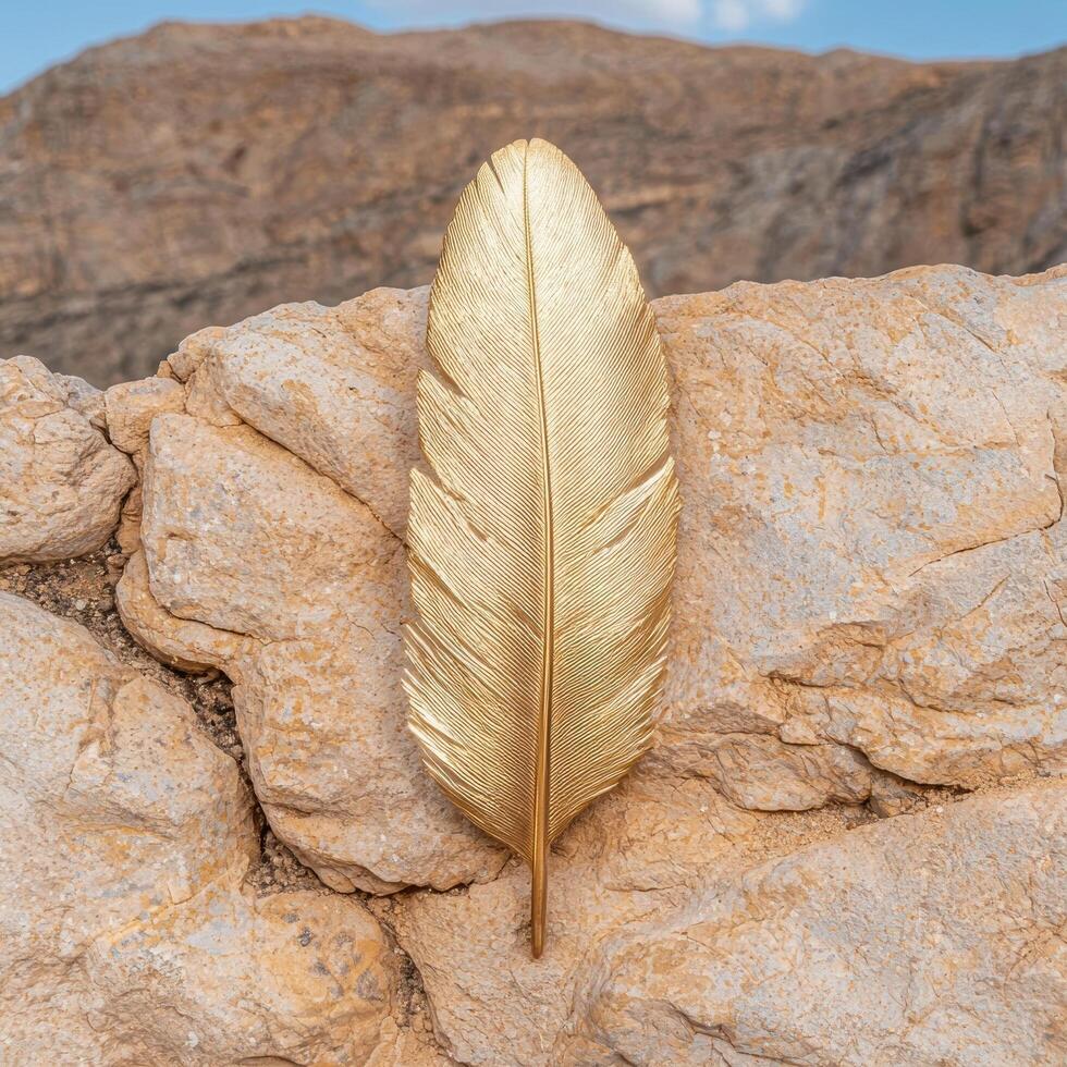 A golden feather rests on a rock in the desert photo