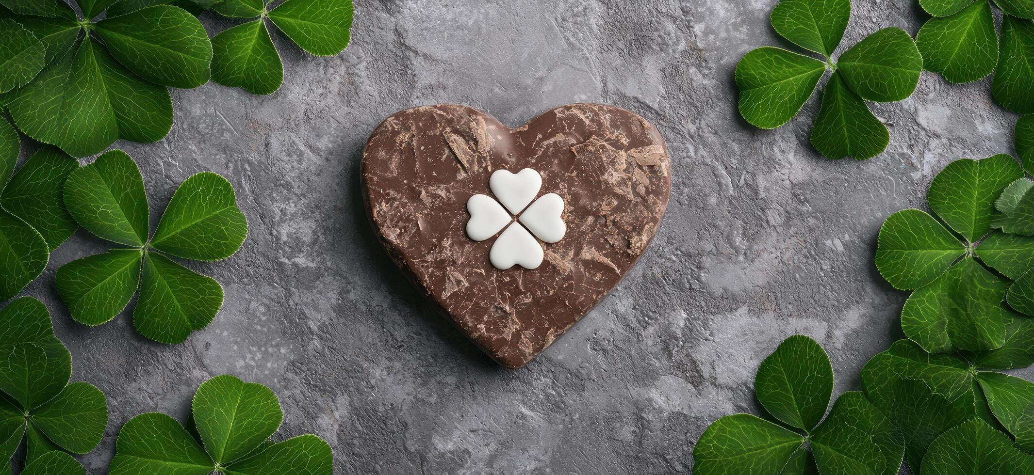 Chocolate heart with shamrock decoration and clover leaves photo