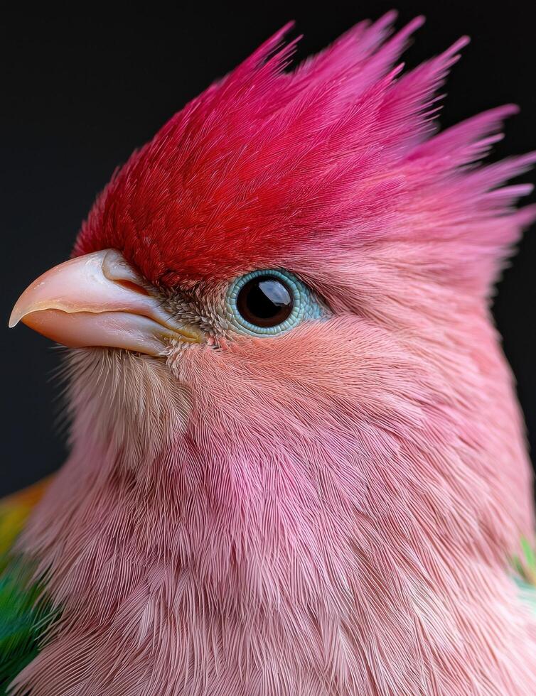 Close up of a colorful pink bird with a spiky red crest photo