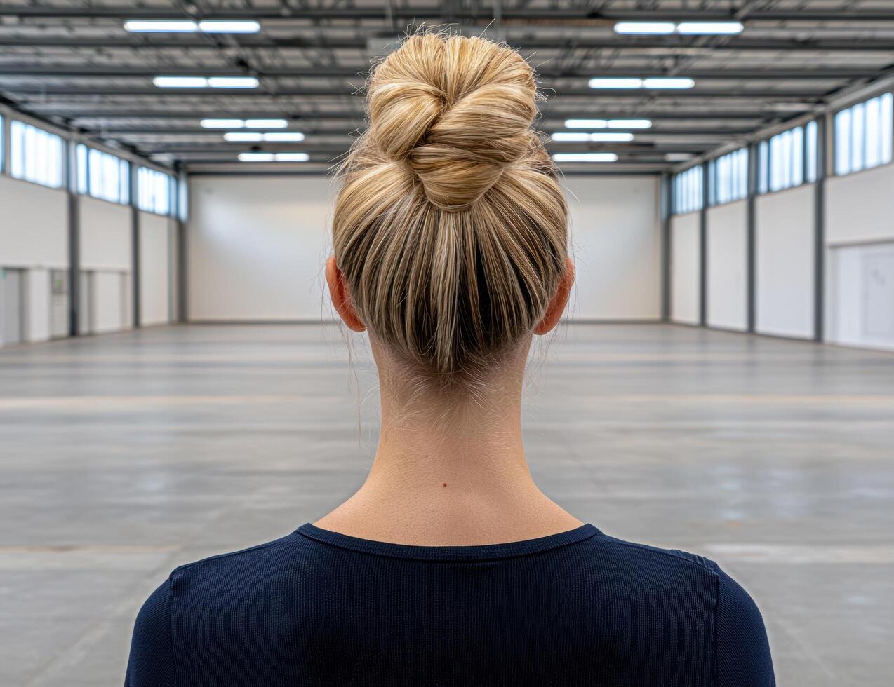 Woman with blonde hair in a bun standing in an empty warehouse photo
