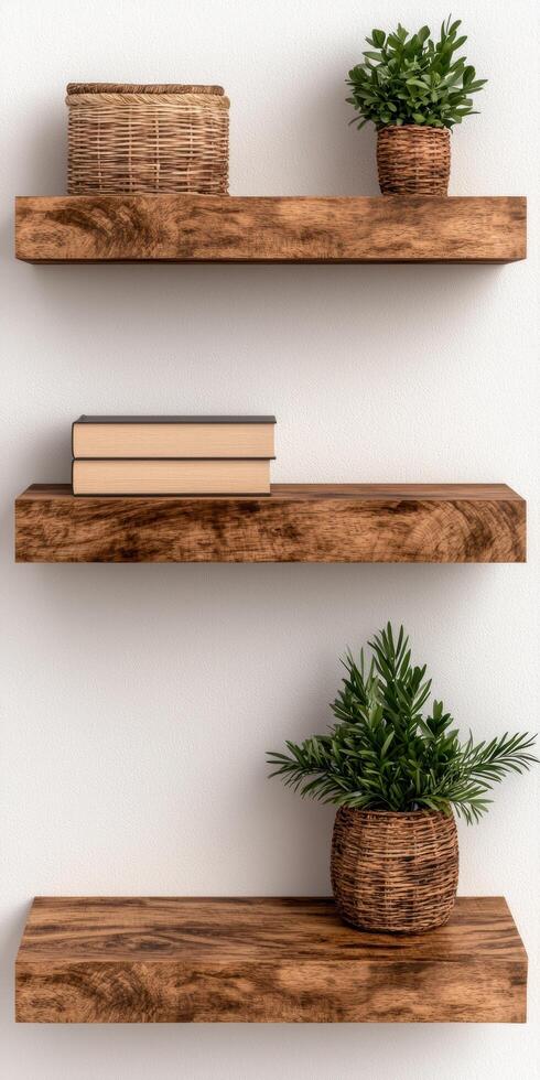 Wooden shelves with books and plants on a white wall photo