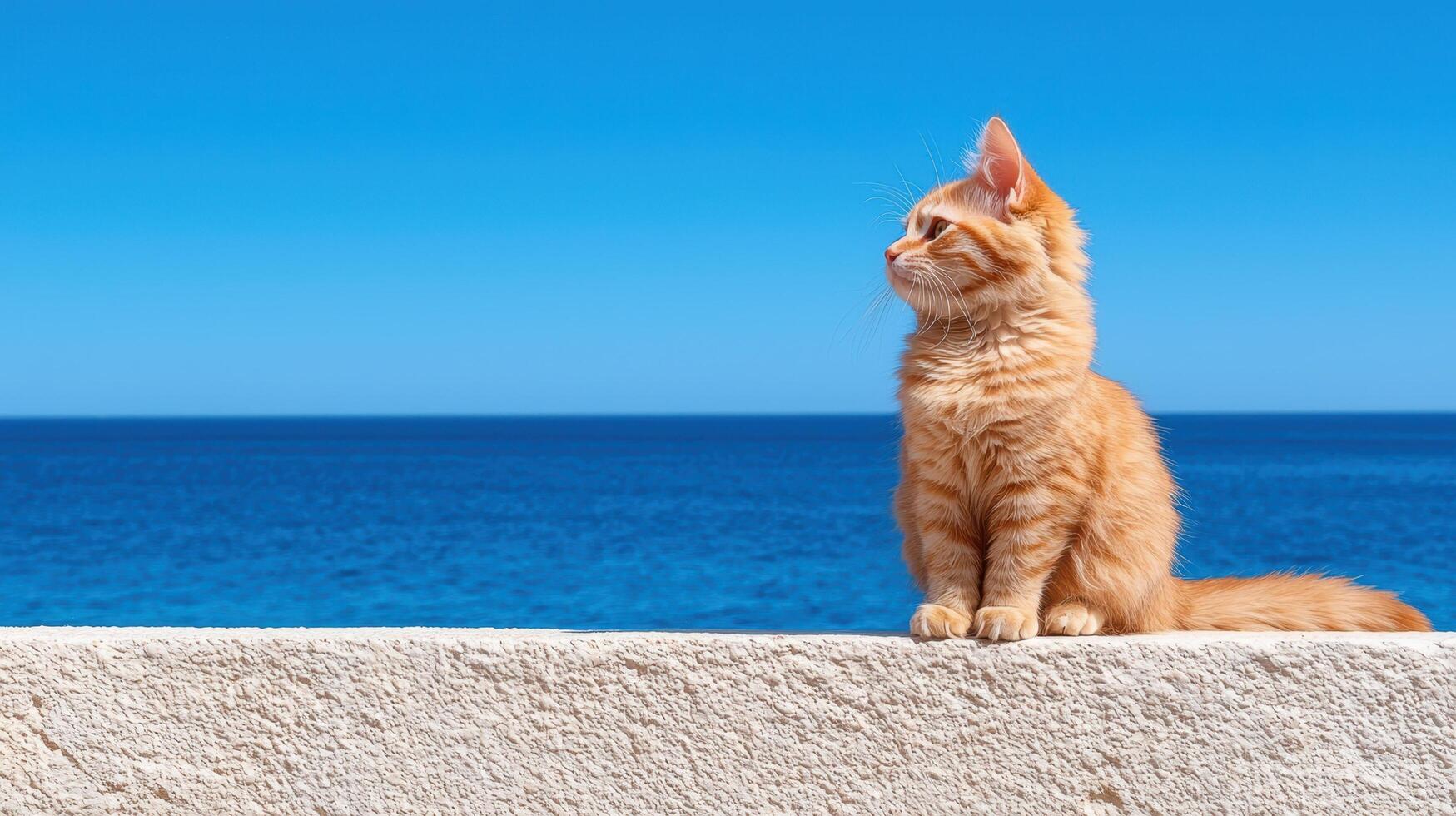 An orange tabby cat sits on a wall overlooking the ocean photo