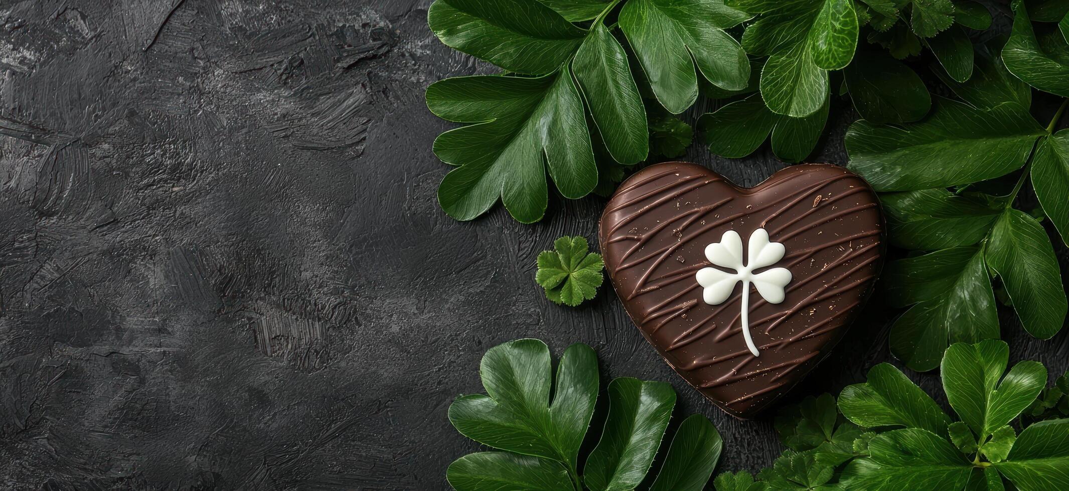 Chocolate heart with shamrock decoration surrounded by green leaves on a dark background photo