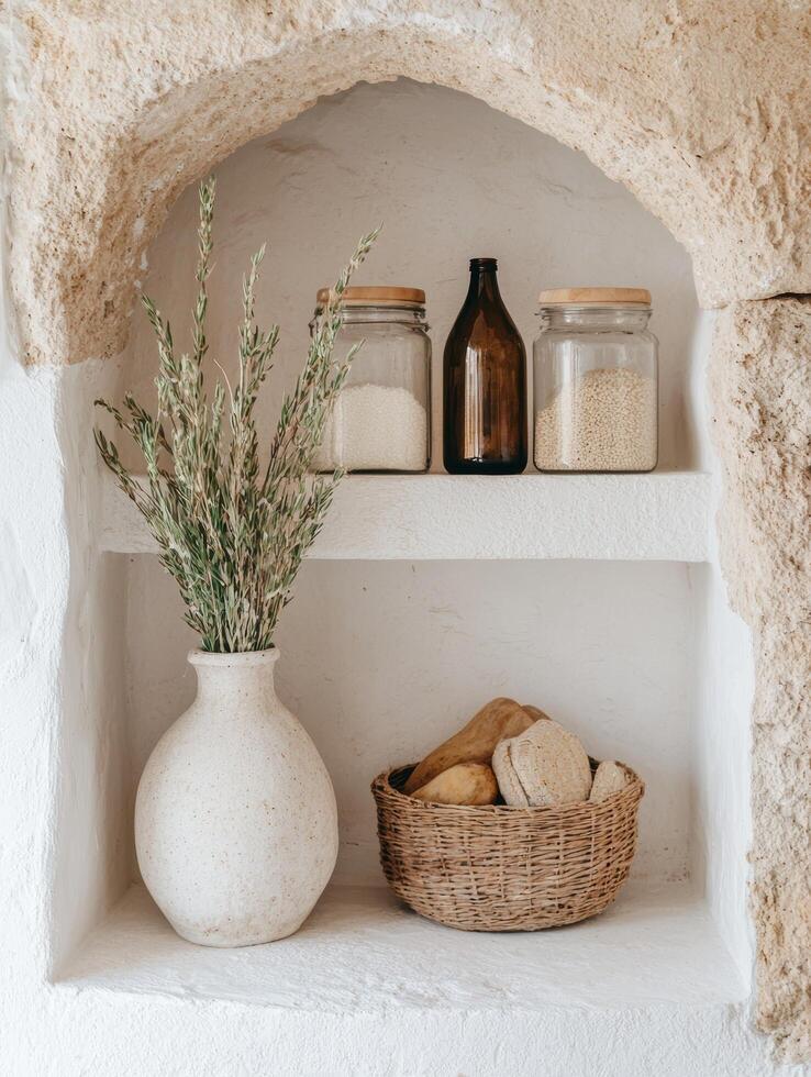 Rustic kitchen pantry with grains, dried herbs, and bread photo