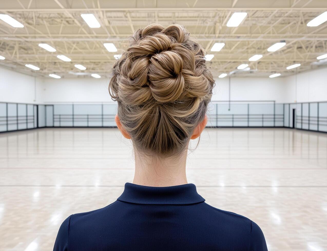 A woman with an intricate hairstyle stands in a gymnasium photo
