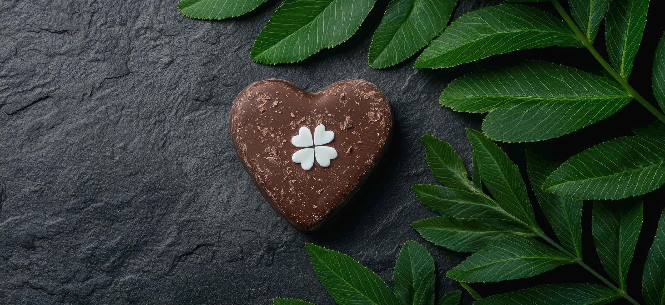 Chocolate heart with a lucky clover on a slate background with green leaves photo