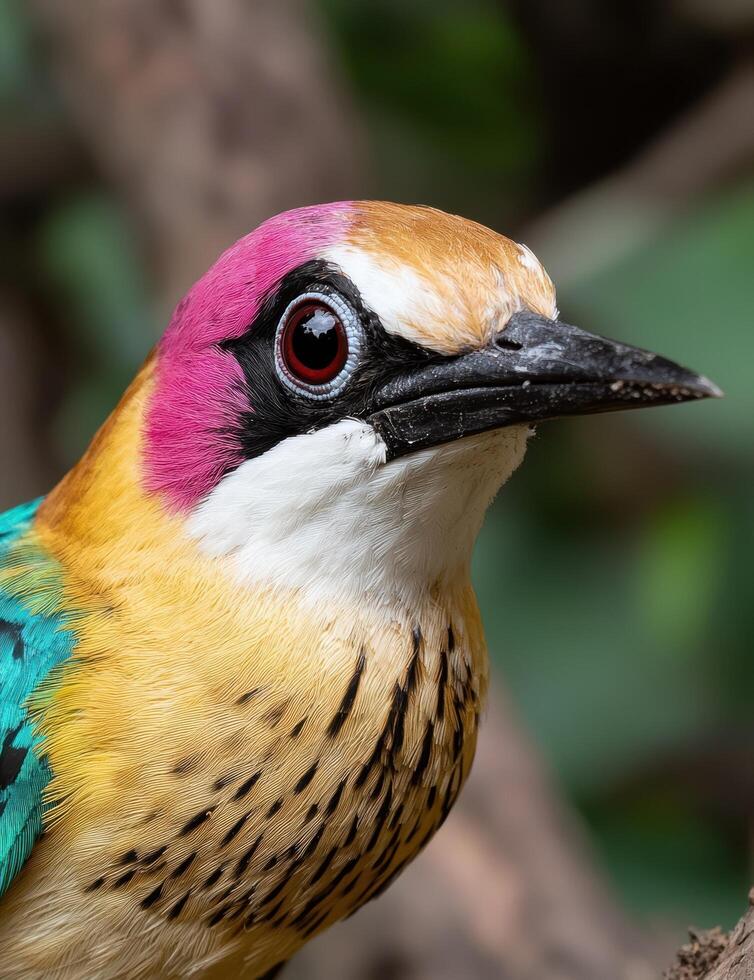 Close up of a colorful bird with pink, yellow, and blue feathers photo