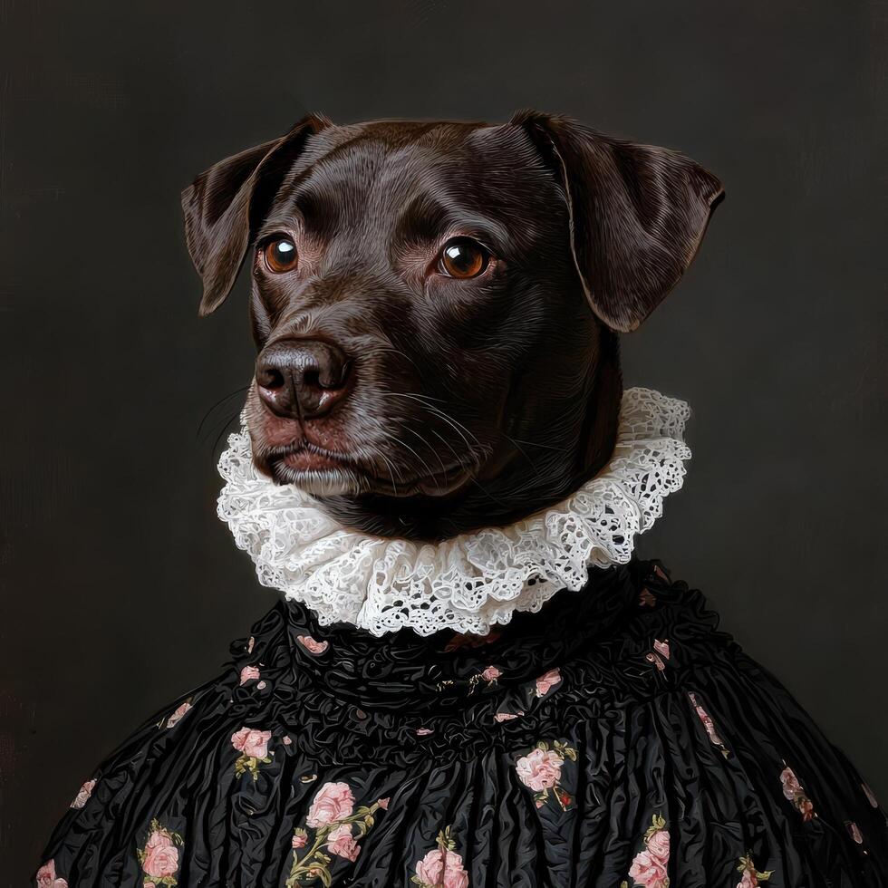 A regal chocolate labrador dog portrait wearing a renaissance dress photo