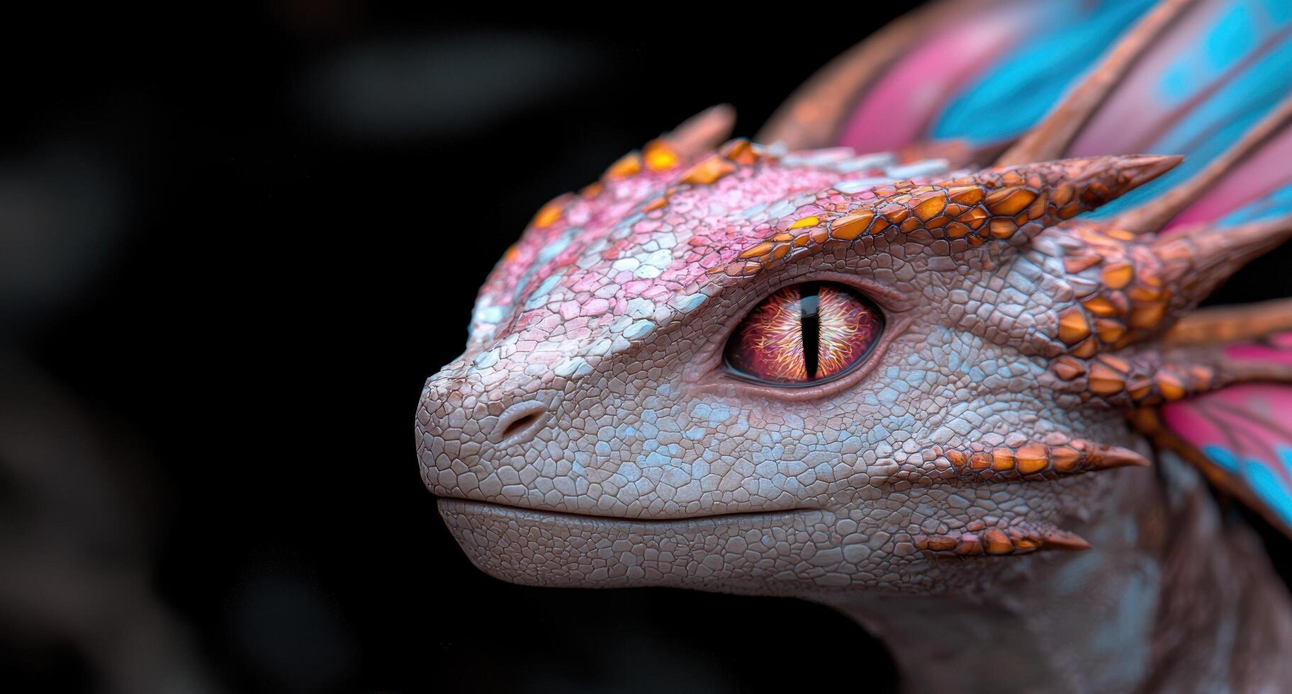Close up of a colorful fantasy dragon with scales and horns photo