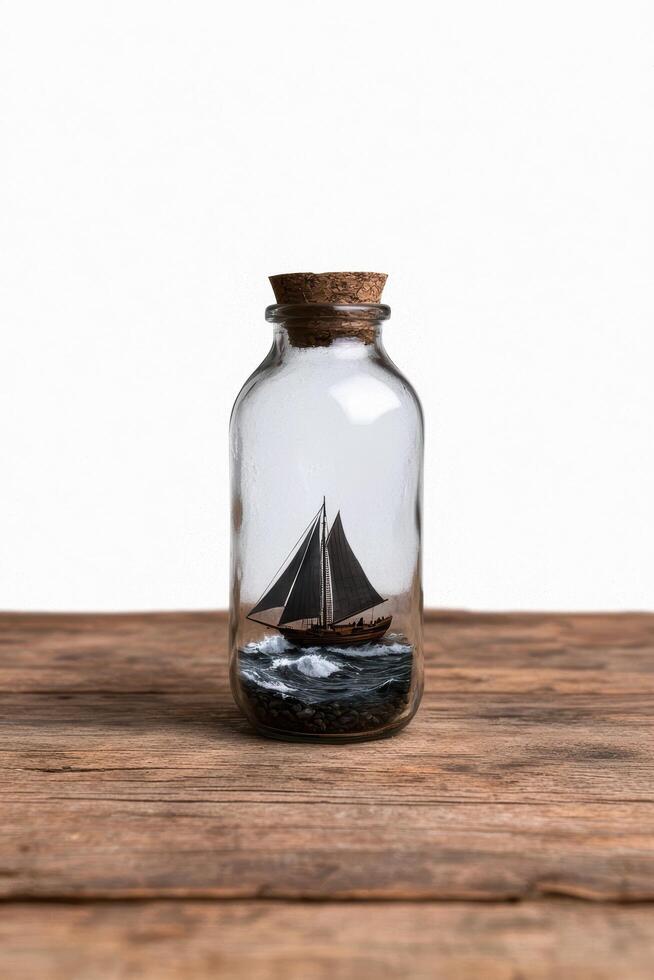 A ship in a bottle on a wooden table photo