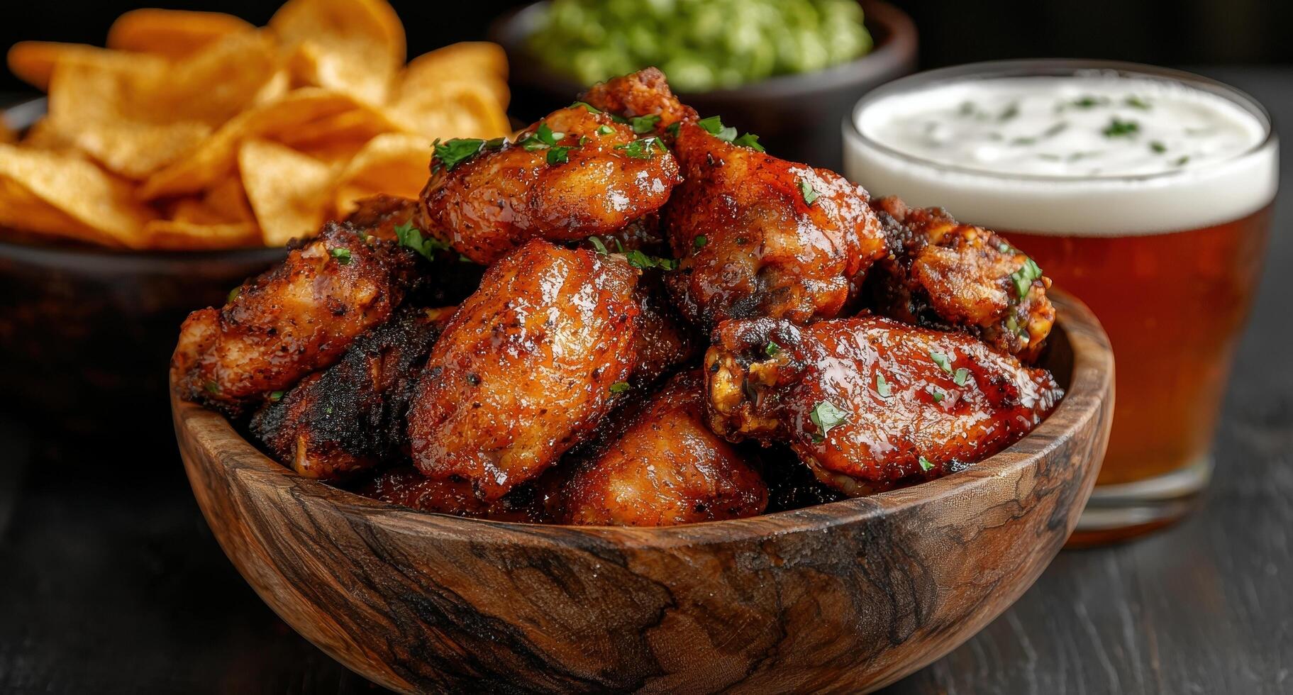 A bowl of delicious chicken wings with beer and chips photo