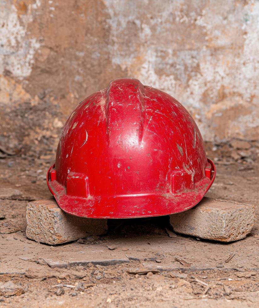 Red hard hat resting on bricks in a construction site photo