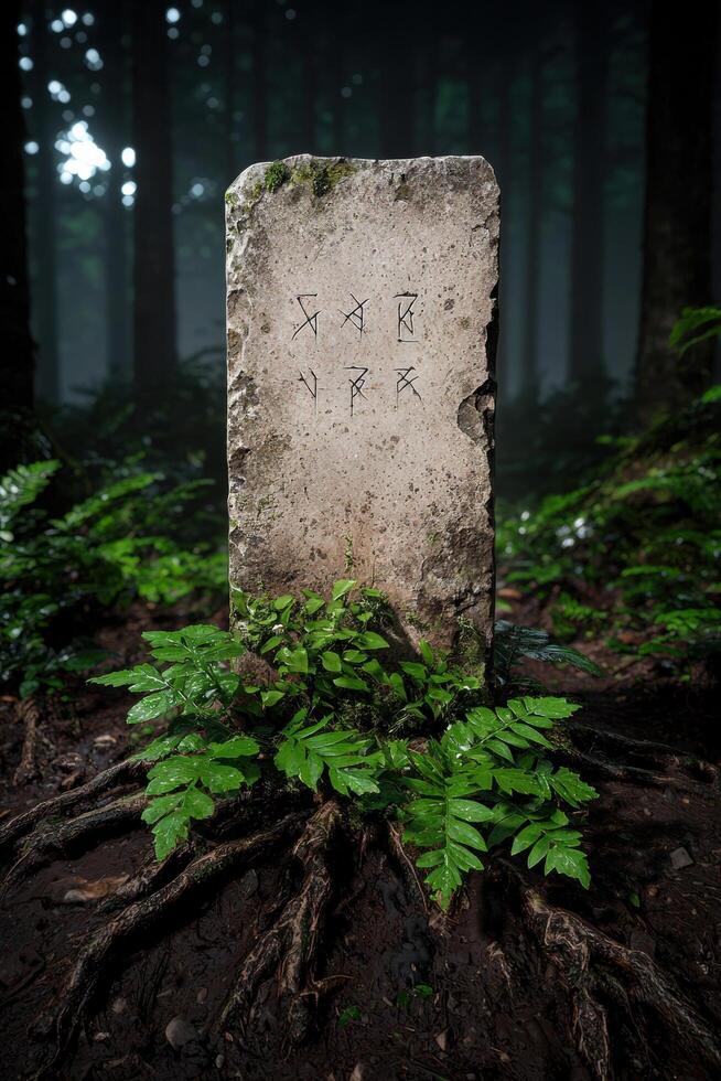 Ancient stone marker in a misty forest photo