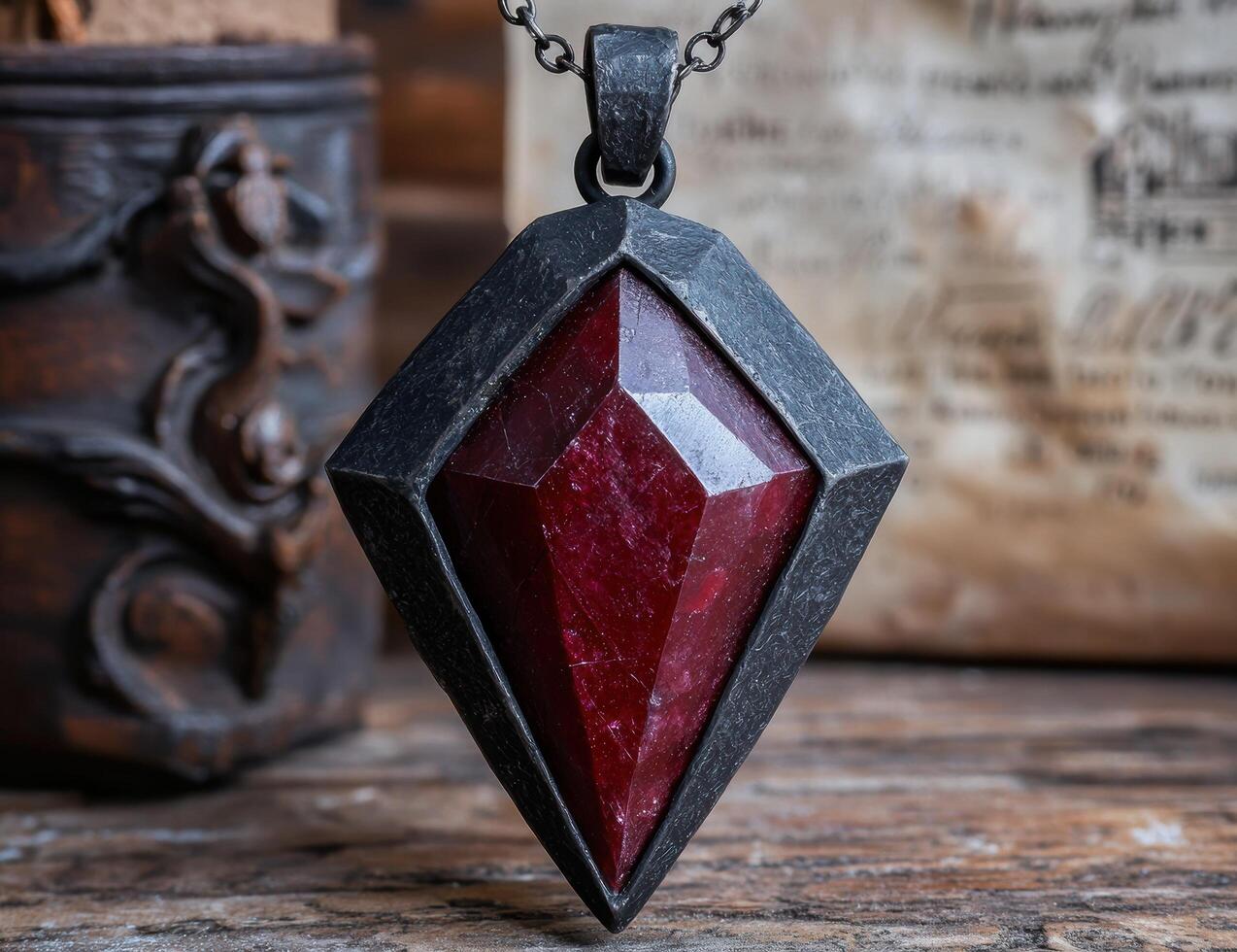 A striking pendant featuring a large, faceted ruby gemstone set in a dark metal frame photo