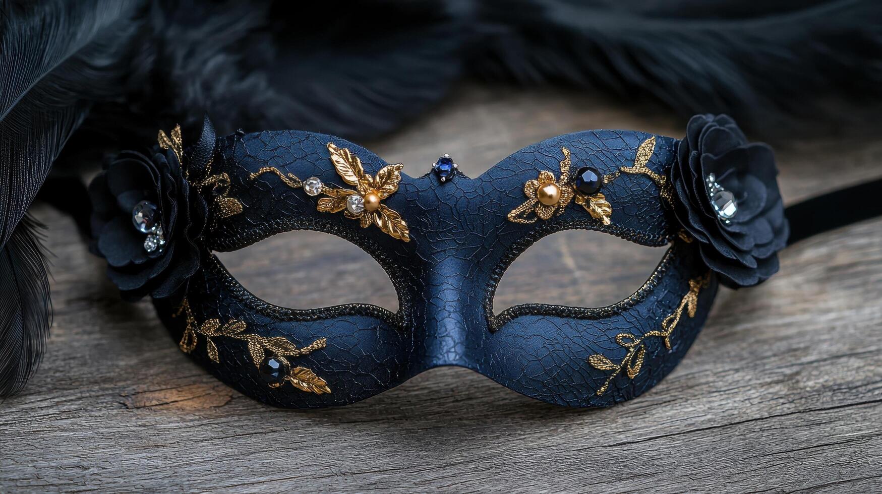 Elegant black masquerade mask with gold accents on a wooden surface photo