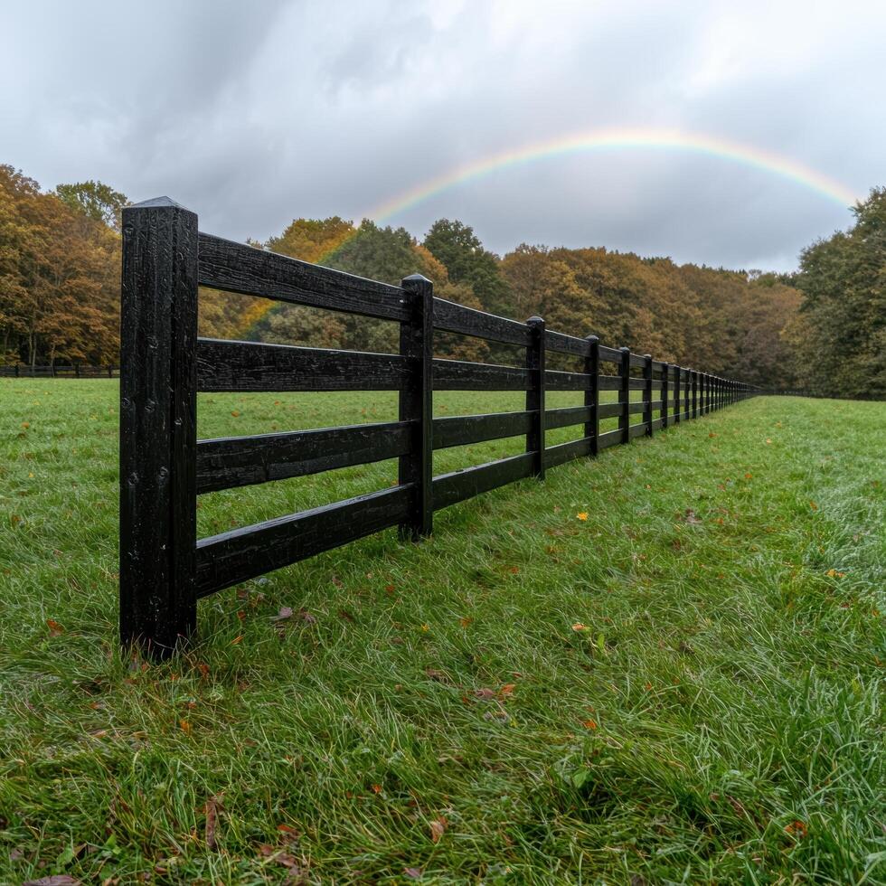 A black wooden fence runs through a green field under a rainbow photo