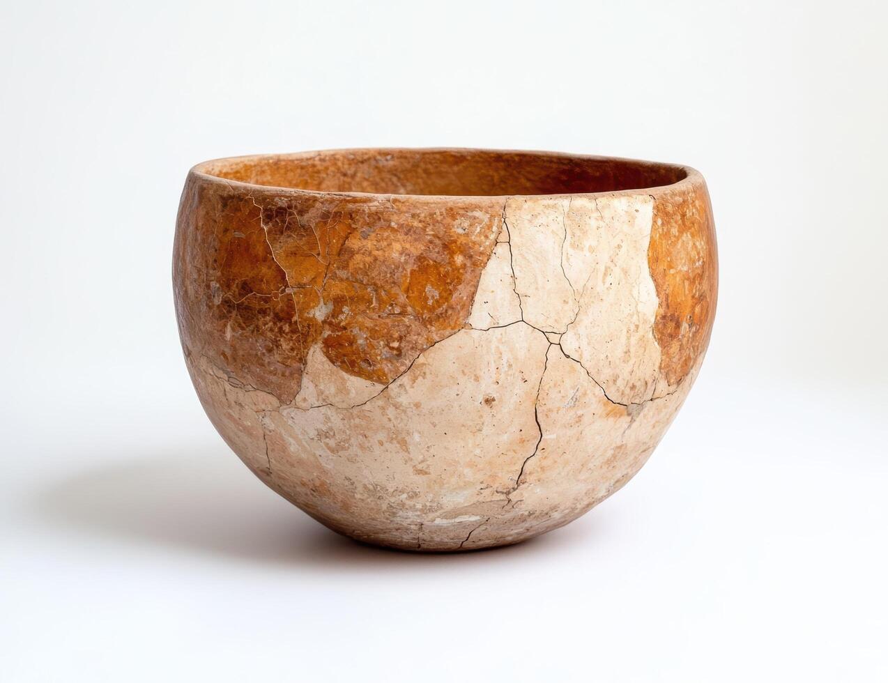 A cracked, weathered, earthenware bowl on a white background photo