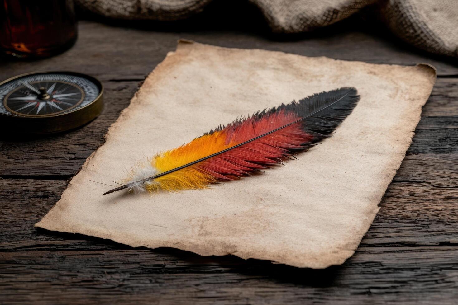 Vintage quill pen on parchment paper with compass and burlap background photo