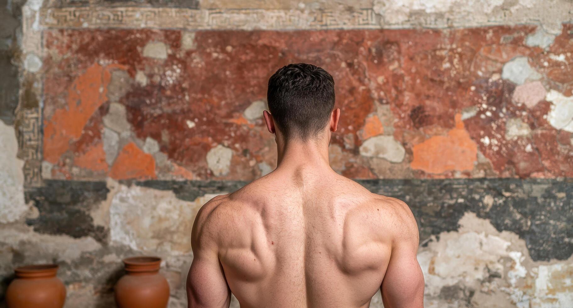 Muscular man posing in front of an old wall photo