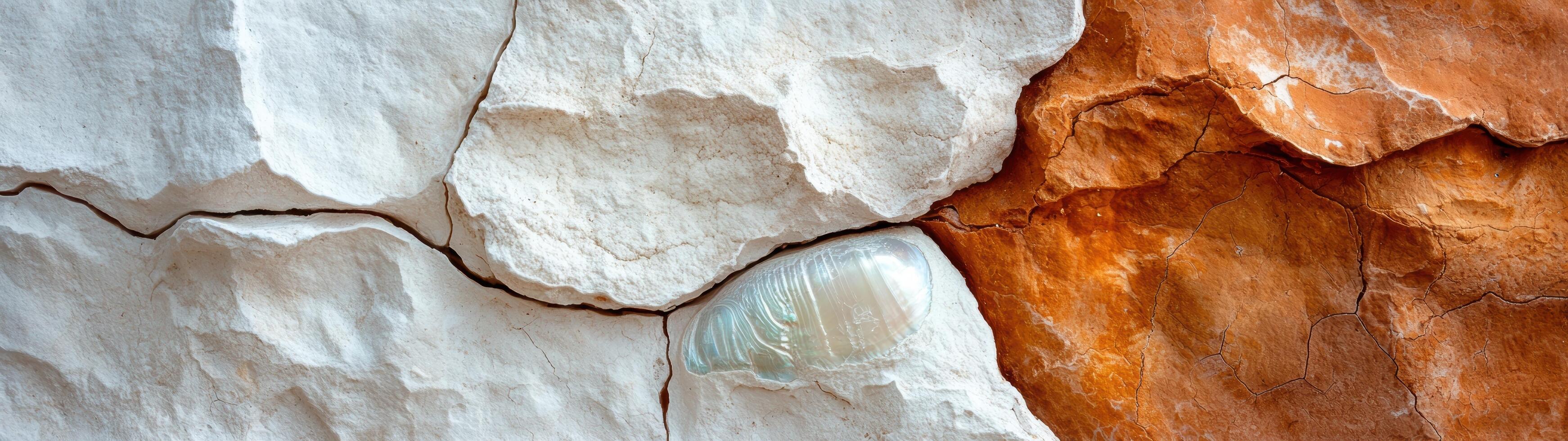 Abstract background of cracked white and orange stone with a shell in the middle photo