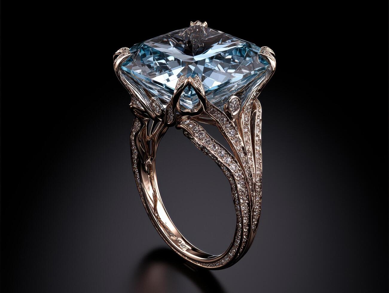 A luxurious ring with a large blue gemstone and intricate gold detailing photo
