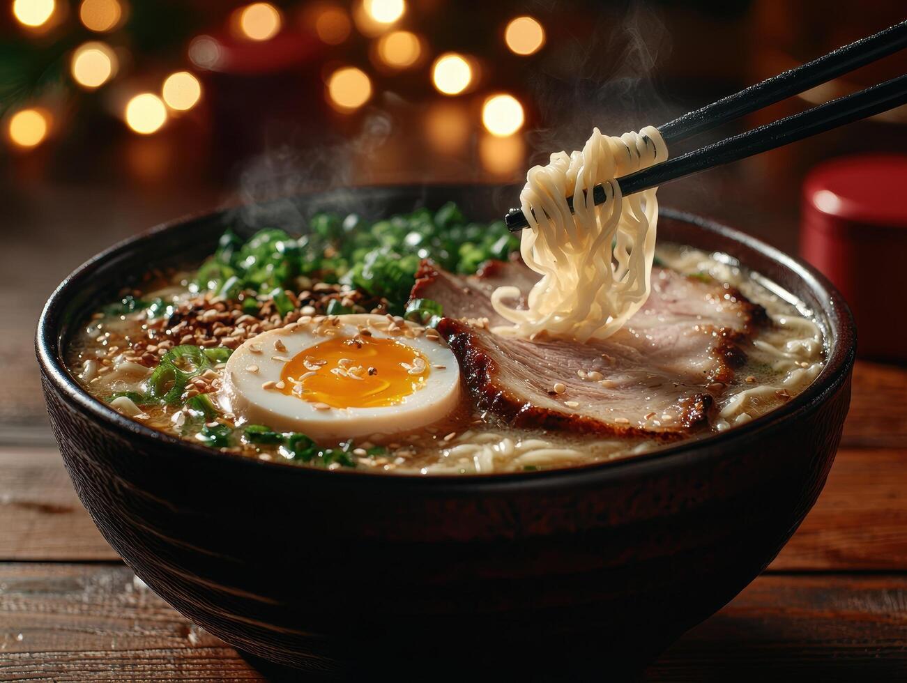 Delicious bowl of ramen with pork, egg, and green onions photo