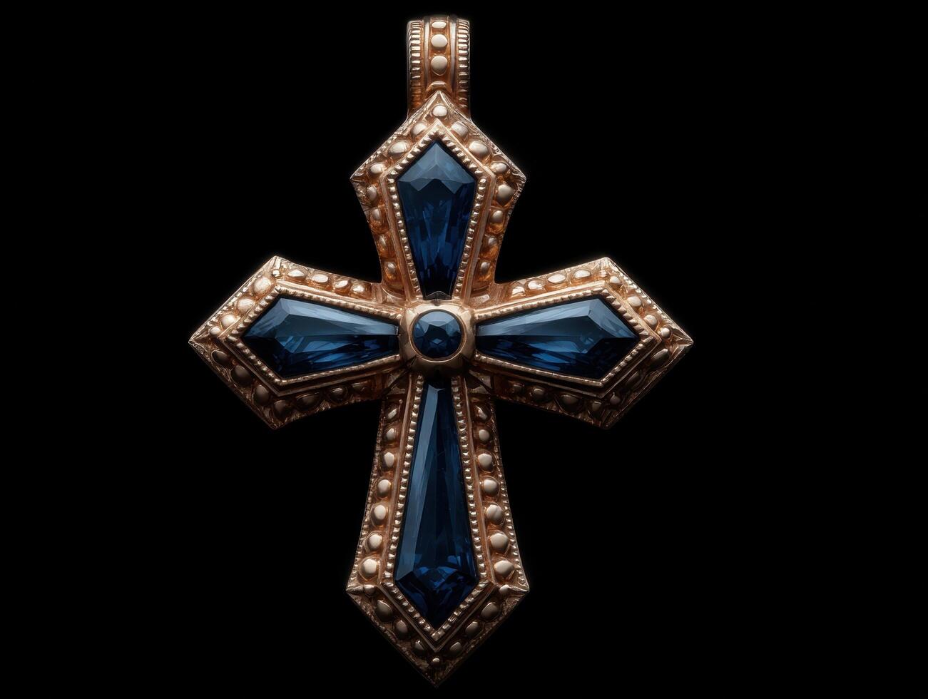 Gold cross pendant with blue gemstones on a black background photo