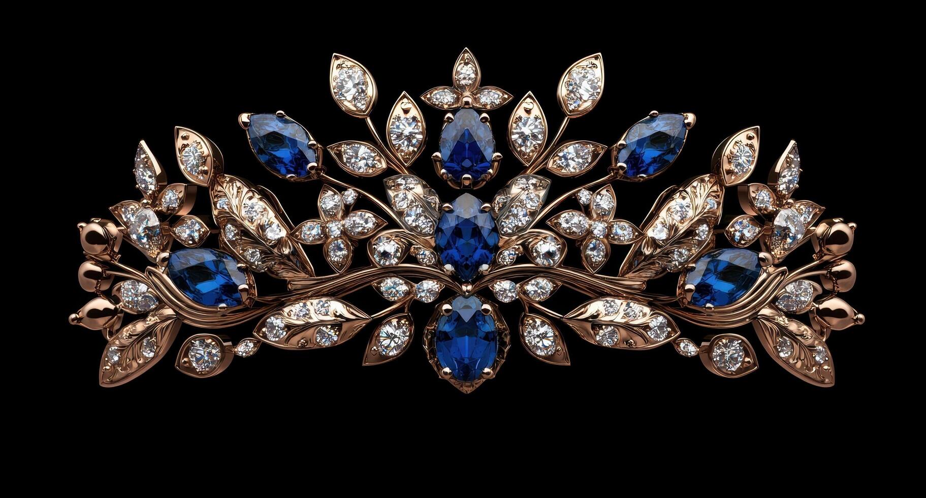 Elegant gold tiara with blue sapphires and diamonds on black background photo