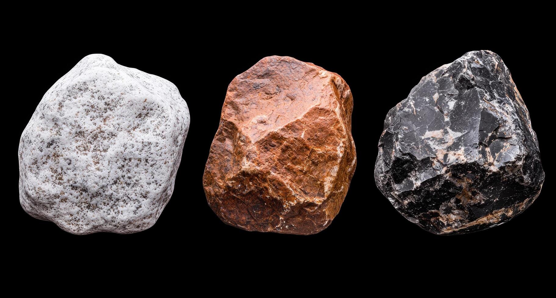 Three rocks of different colors in a line on a black background. photo