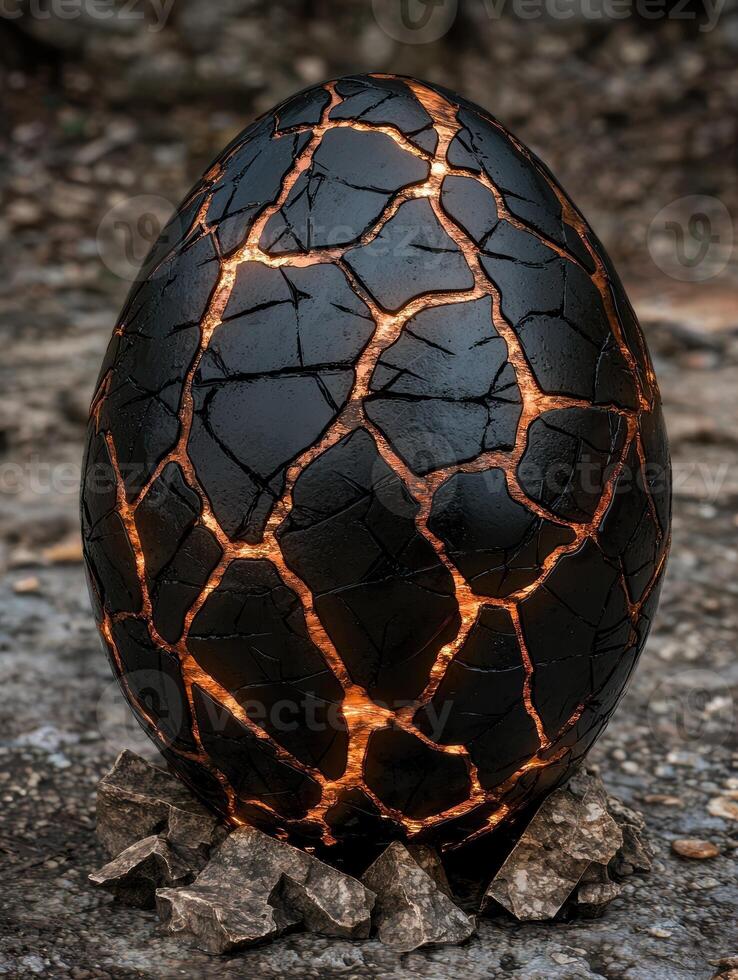 A dragon egg with glowing cracks sits on rocks photo