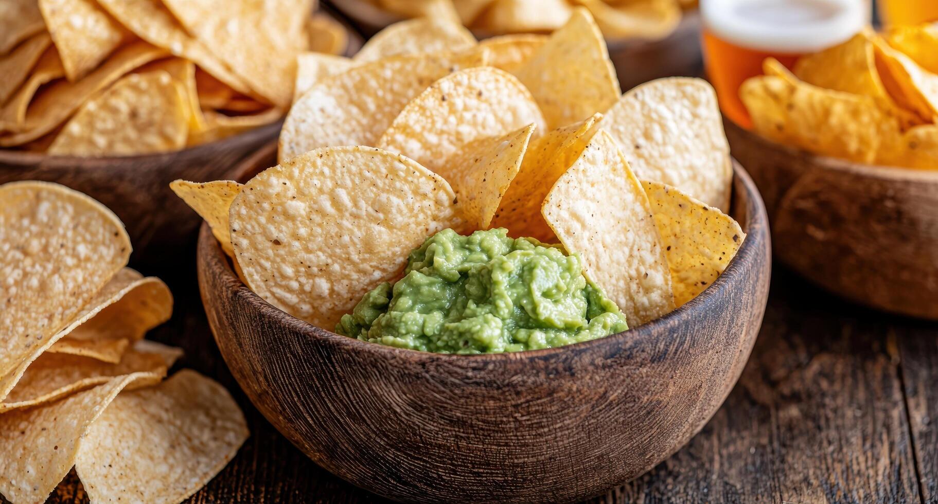 Tortilla chips and guacamole in a wooden bowl. photo