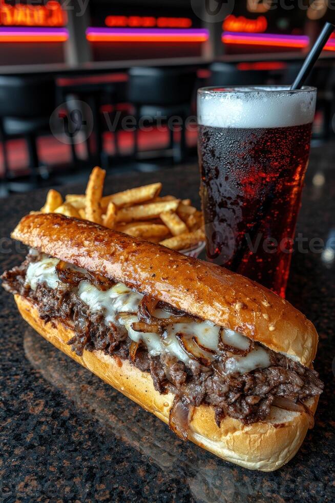 A delicious cheesesteak sandwich with fries and a soda photo