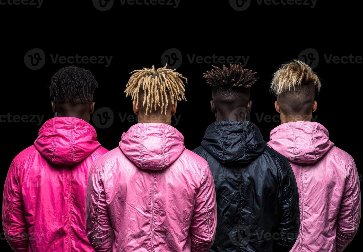 Four people wearing hooded jackets stand against a black background photo