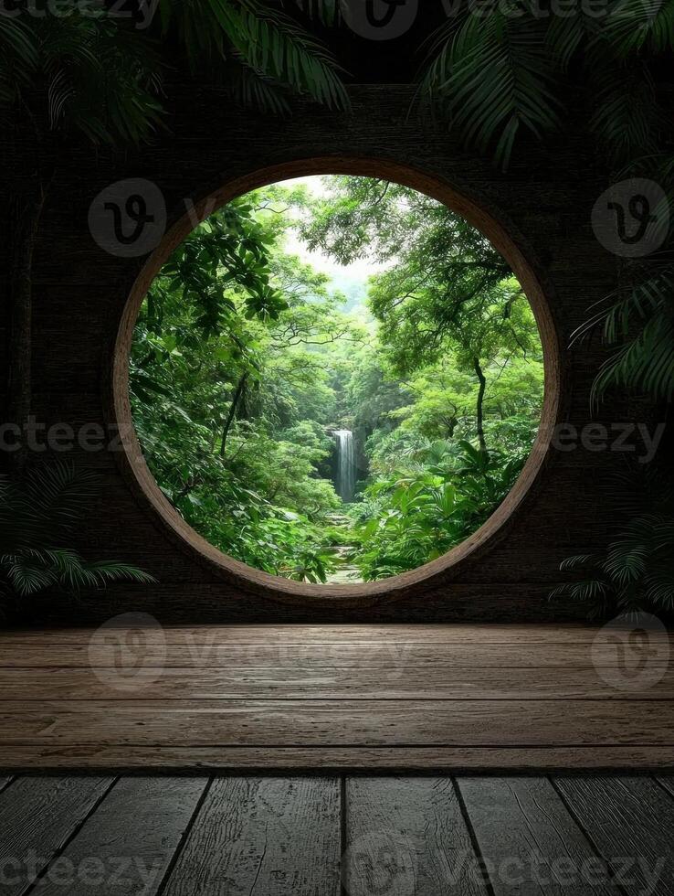 A tranquil waterfall view through a round window in a lush forest photo