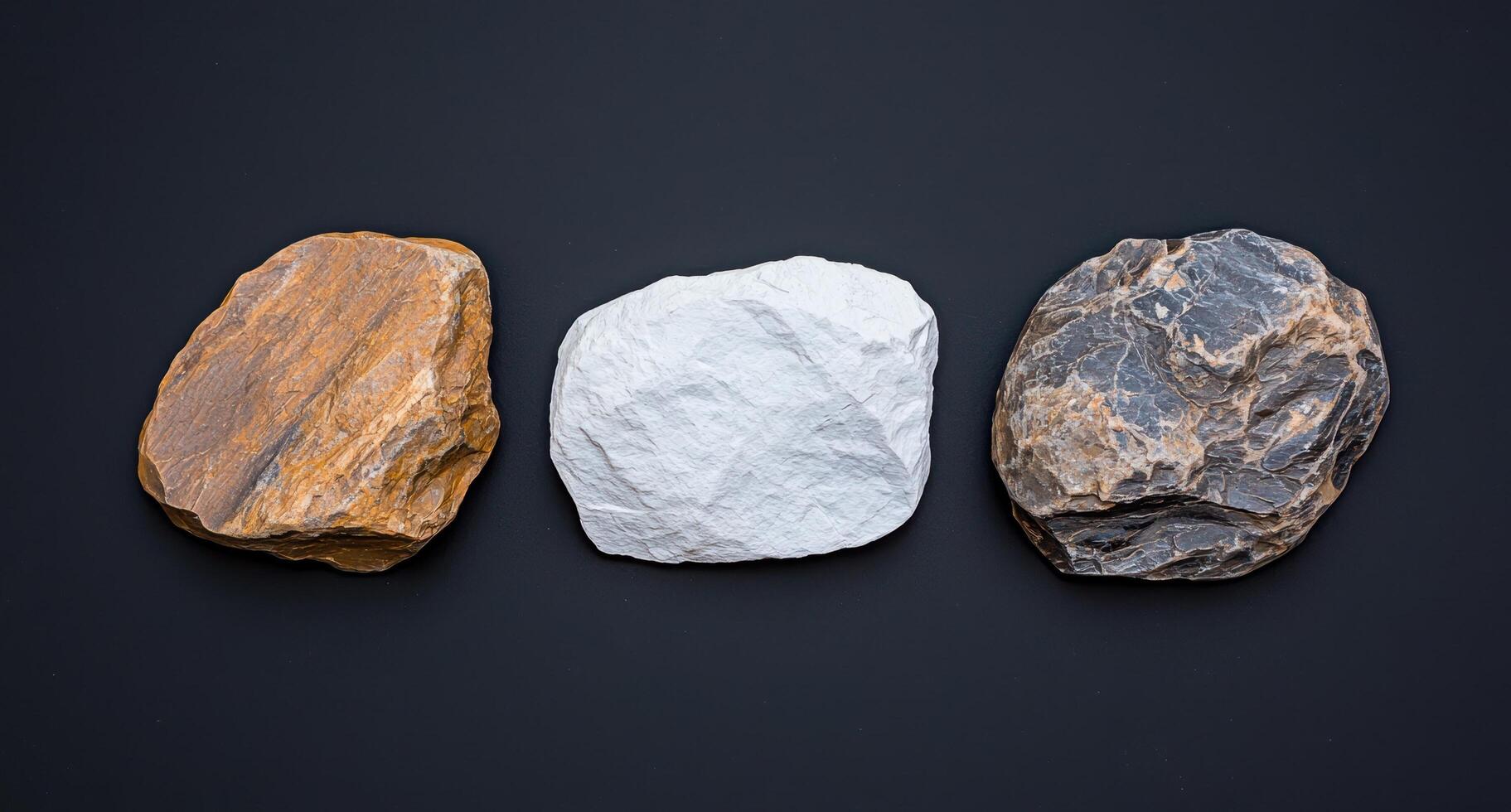 Three rocks of different colors on a black background. photo